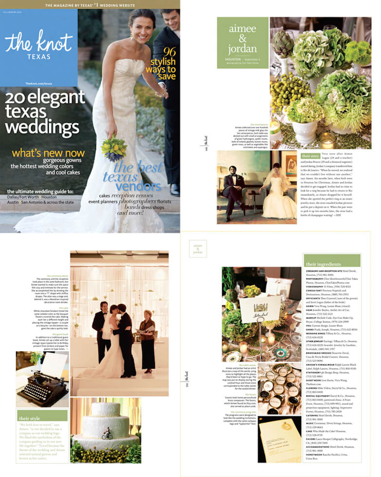 Magazine spread featuring a wedding couple and various wedding-related content from The Knot Texas.