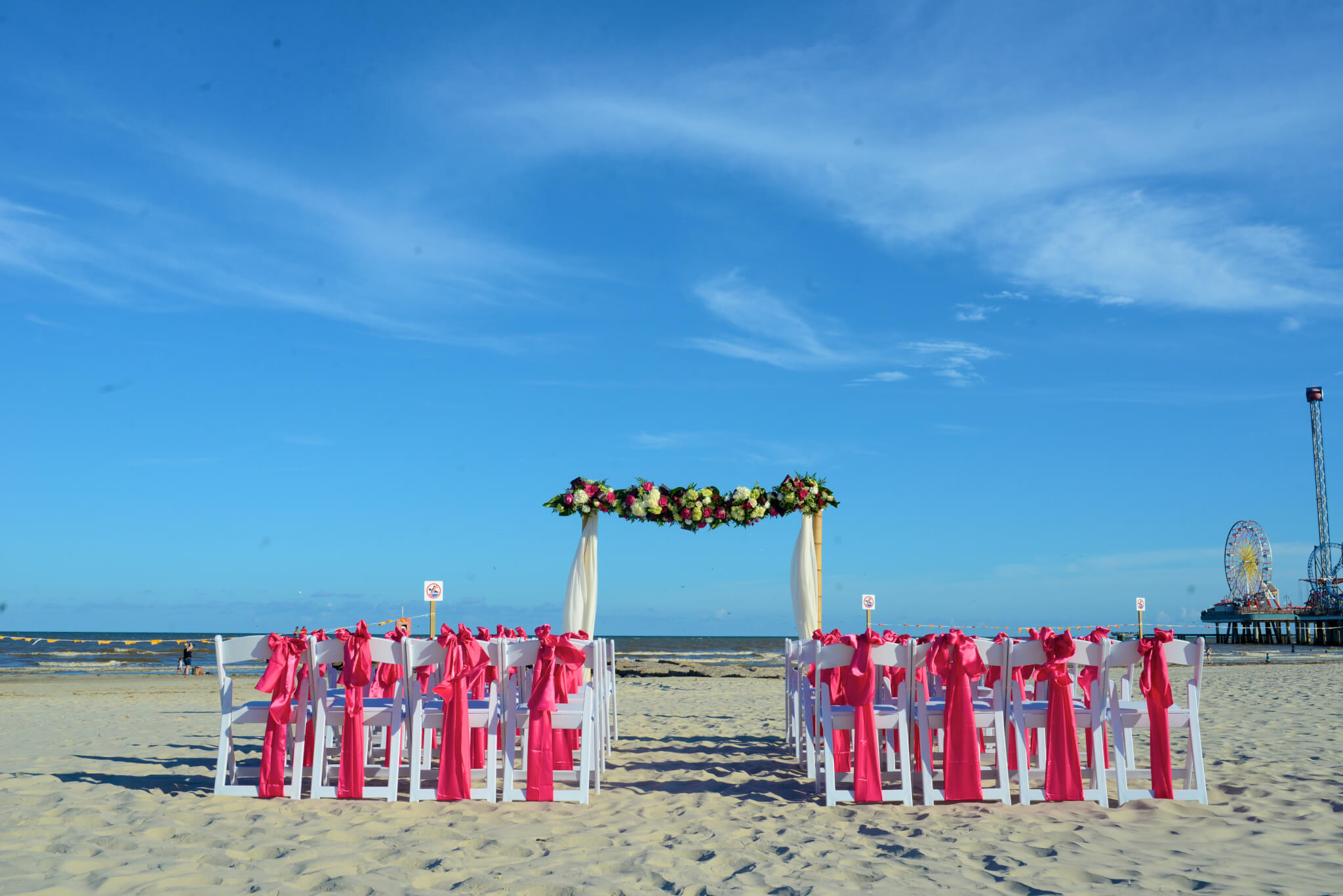 Galveston Intimate Wedding Setup – Full Floral Bamboo Arch